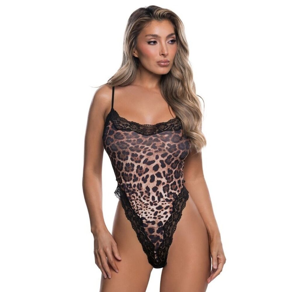 Leopard Print Teddy Lingerie – Stretch Lace Trim – Thong Back – S/M–1X/2X